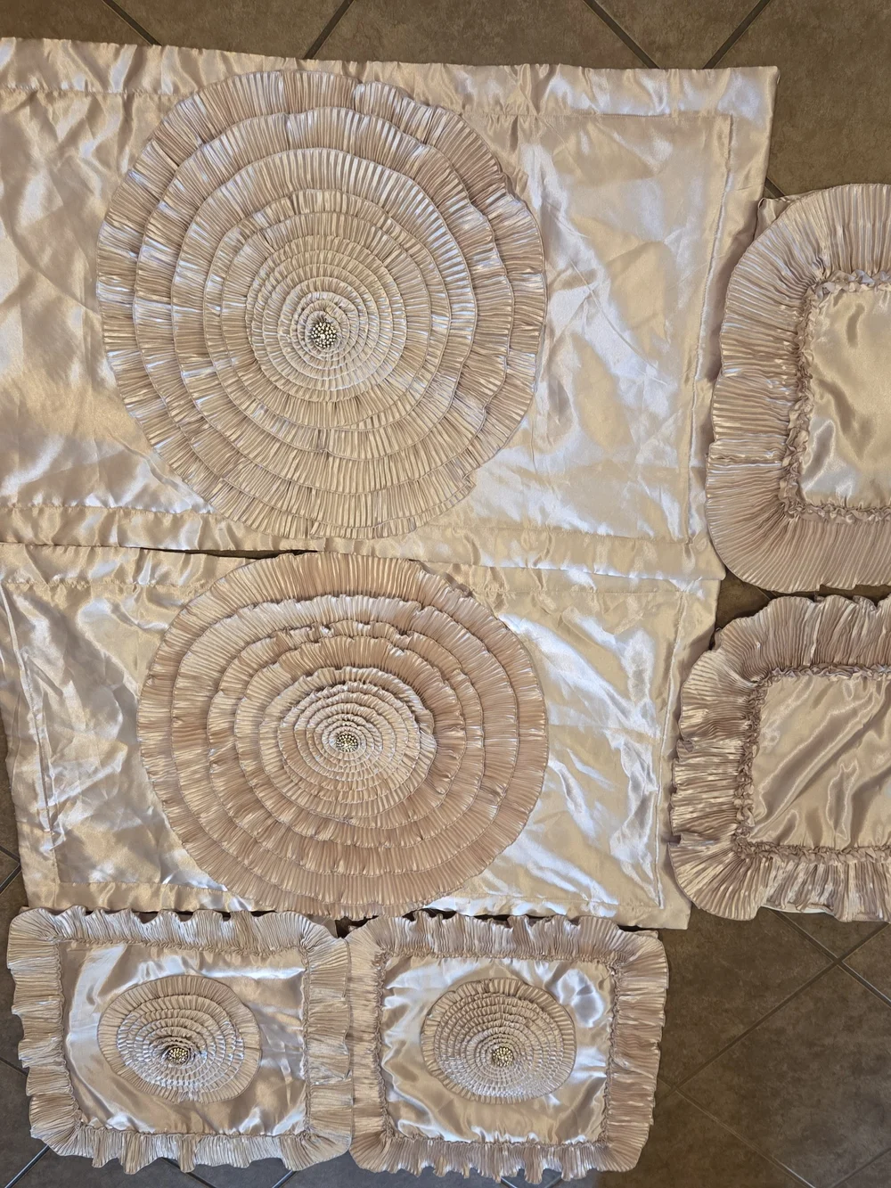 Set Of 6 Light Gold/Champagne Pillow Slips W/Ruffled Rosette Accents And Bling.